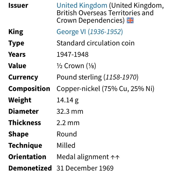 🎈$10 add on - 1947 HALF CROWN - George VI - Picture 3 of 6